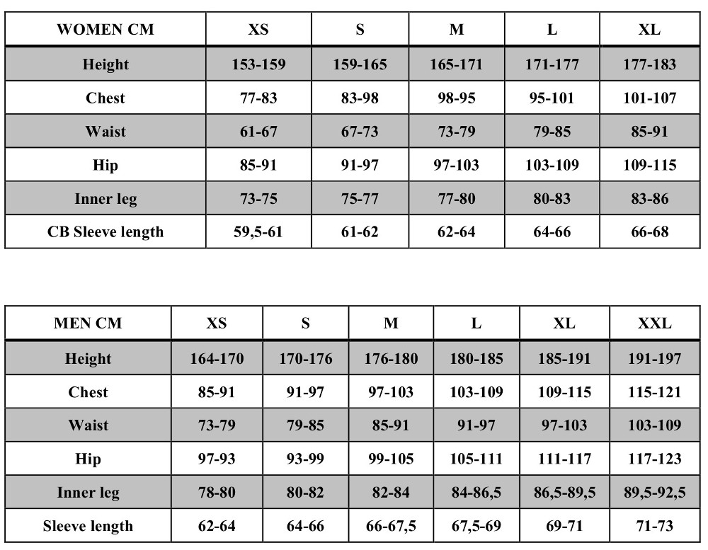 Bjorn Daehlie apparel size chart